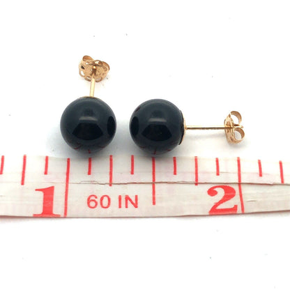 Gorgeous 14k Yellow Gold Onyx Black Sphere Bead Stud Earrings w/ Friction Backs