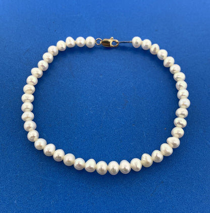 Designer 14K Yellow Gold White Pearl Bridal June Anniversary Beaded Bracelet
