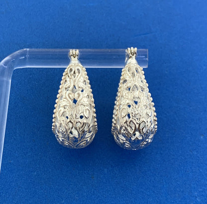 Silver Plated Floral Vine Scroll Open Work Statement Pear Hoop Earrings