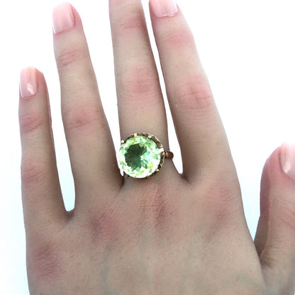 Vintage 14K Yellow Gold Round Green Amethyst Solitaire Statement Cocktail Ring
