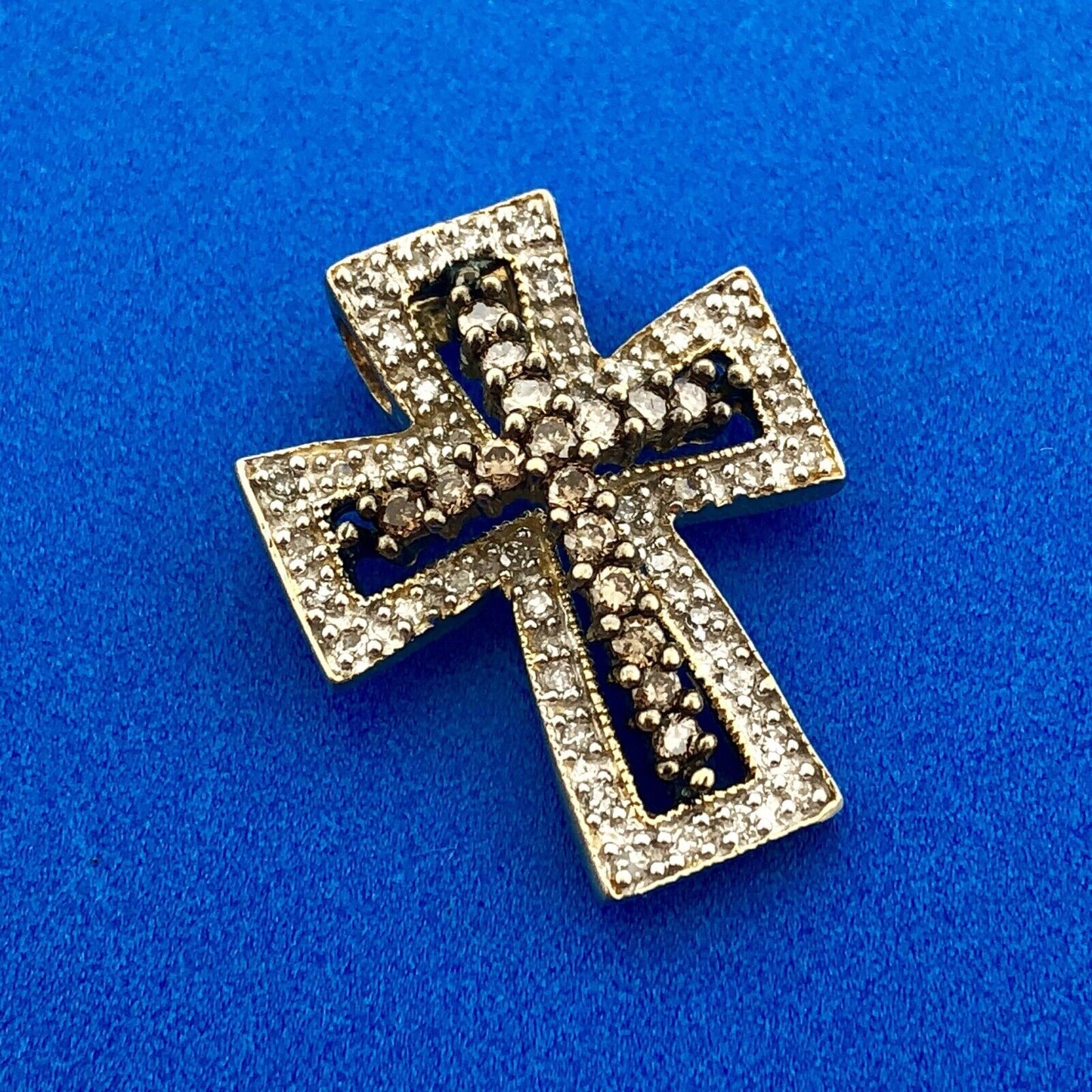 Designer 14K Yellow Gold White Champagne Diamond Statement Cross Pendant