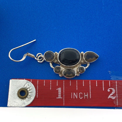 Modernist 925 Sterling Silver Black Onyx Smoky Quartz Drop Dangle Earrings