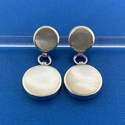 Designer 925 Sterling Silver Mother Of Pearl Disc Modernist Dangle Drop Earrings