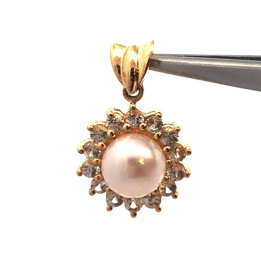 10K Yellow Gold White Topaz Pearl Wedding Bridal June Anniversary Pendant