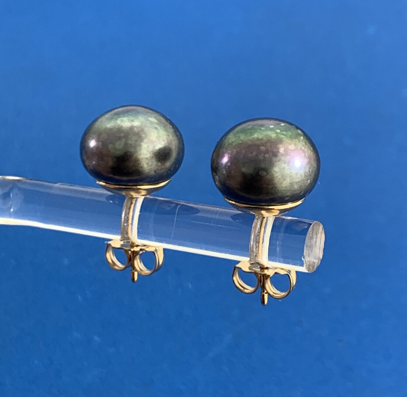 Designer 14K Yellow Gold Tahitian Pearl Statement Stud Earrings 10.5mm