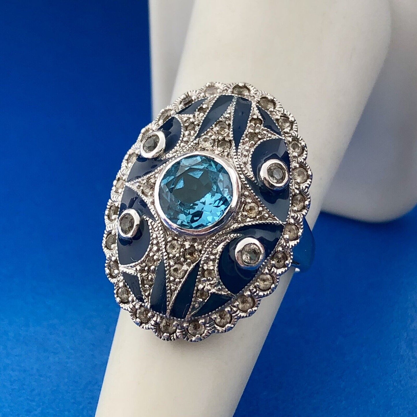 Designer Pd 925 Sterling Silver Blue Topaz White Amethyst Enamel Statement Ring