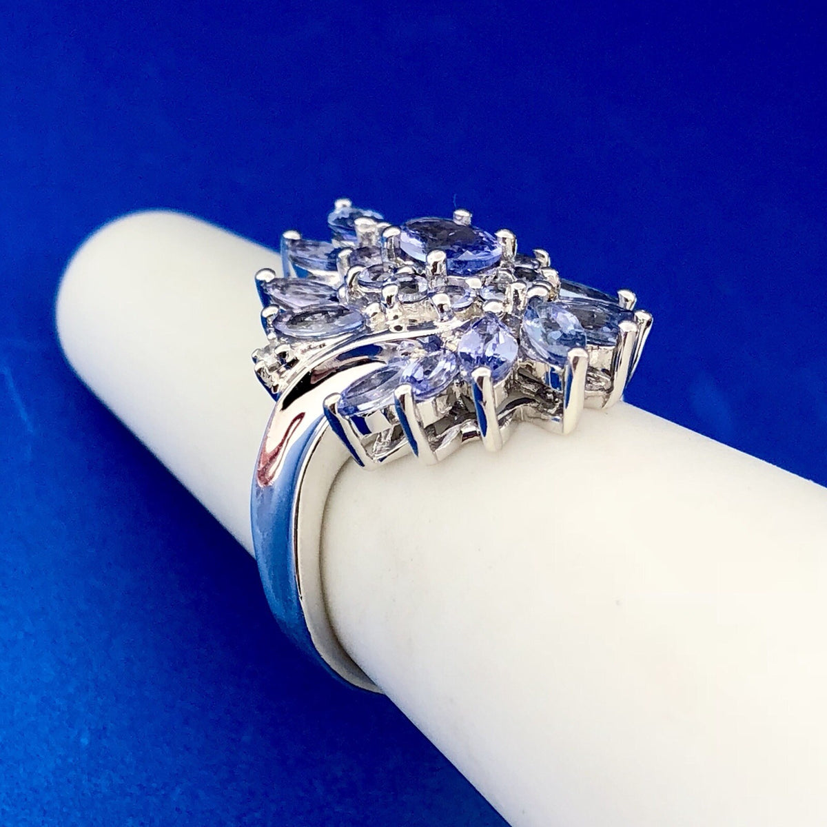 Stunning Designer JS 925 Sterling Silver Tanzanite Diamond Floral Cluster Ring