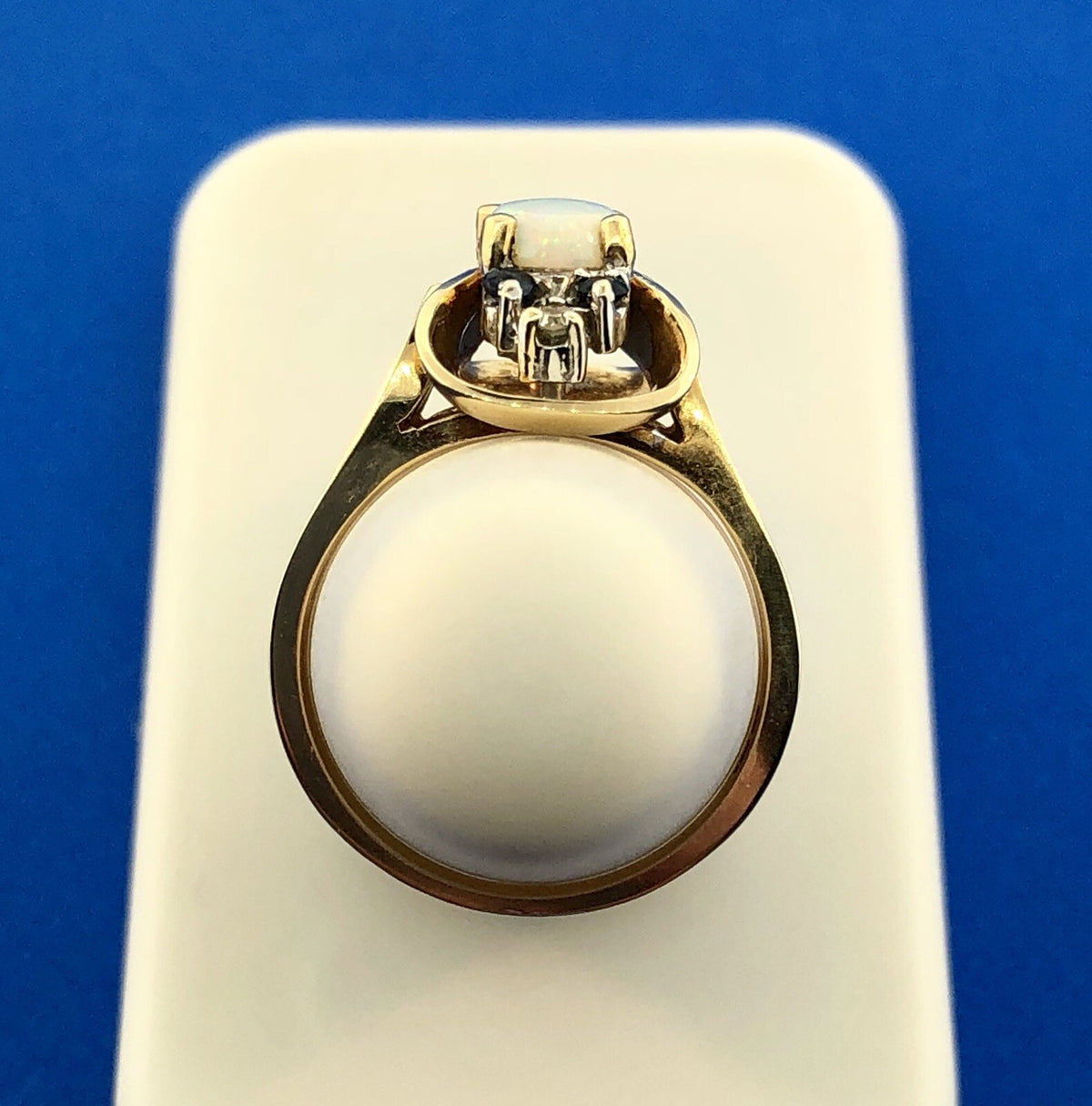 Retro 14K Yellow Gold Diamond Sapphire Opal Modernist Free Form Cocktail Ring