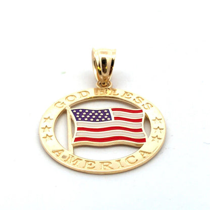 Designer NGI 14K Yellow Gold Enamel God Bless America USA Flag Round Pendant