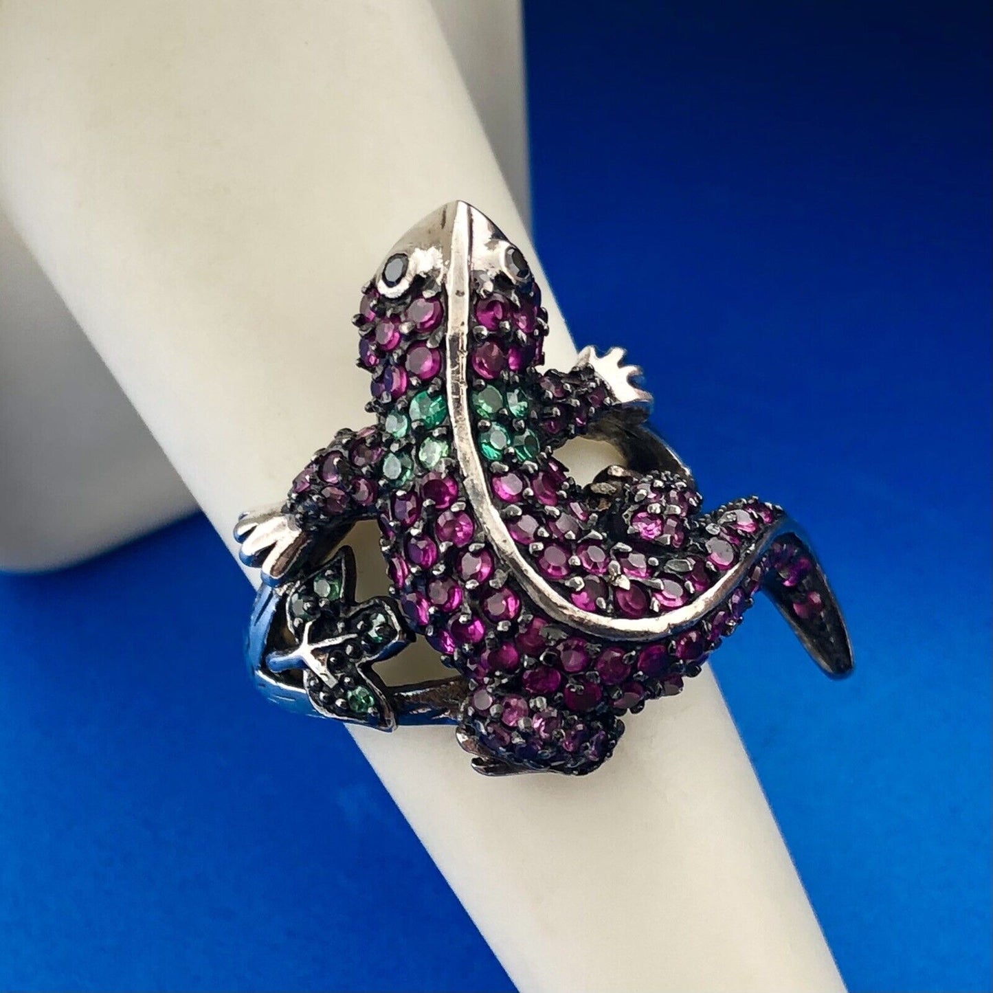 Unusual 925 Sterling Silver Ruby Emerald Gila Monster Lizard Statement Ring