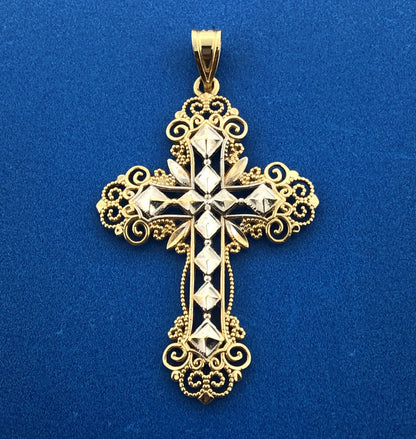 Gorgeous 14k Yellow Gold Openwork Filigree Religious Faith Cross Dangle Pendant