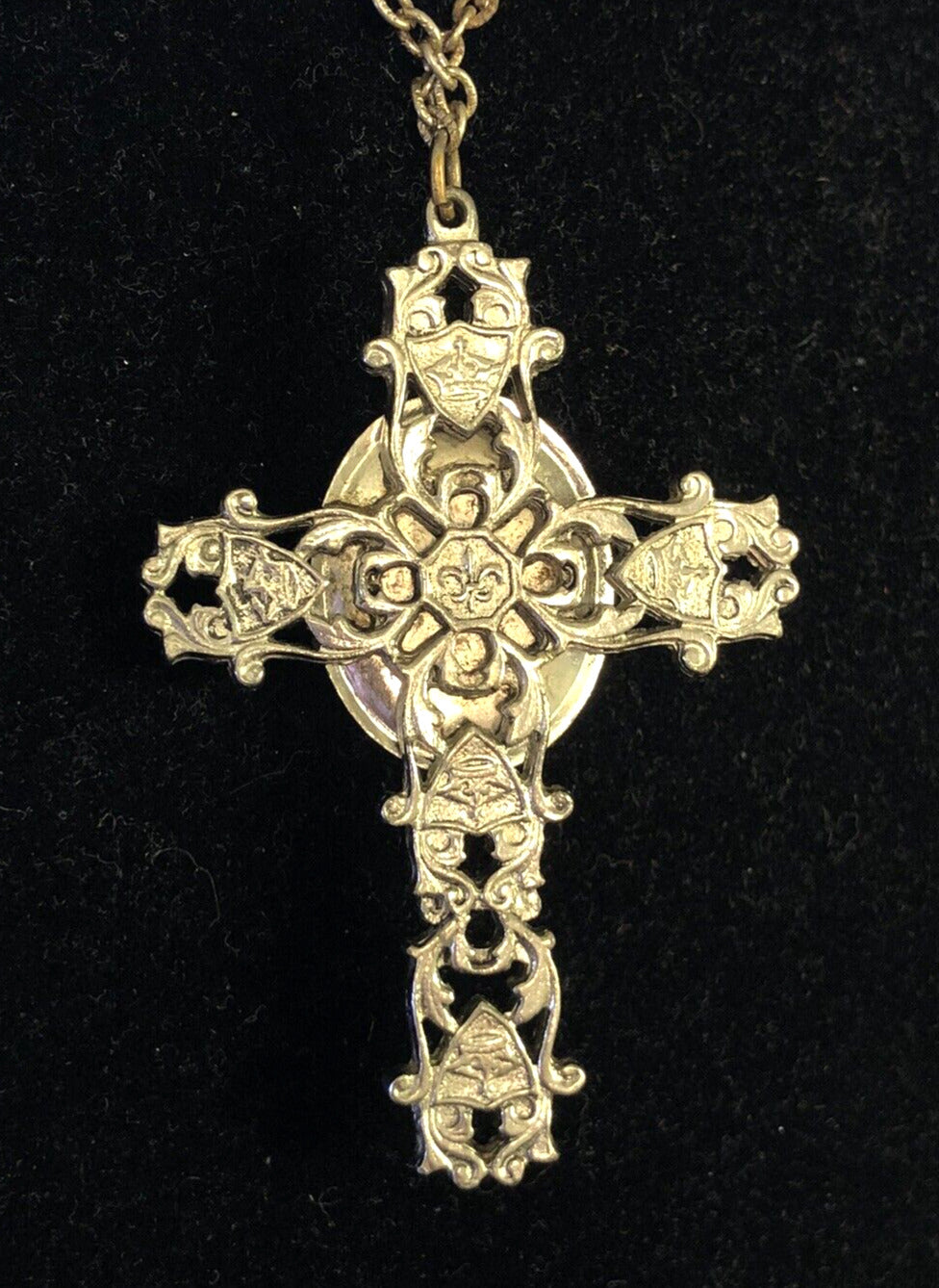 Vintage Silver Tone Lapis Lazuli Floral Scroll Dramatic Statement Cross Necklace