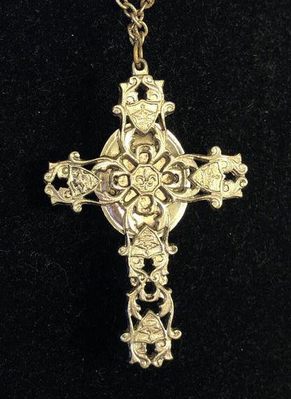 Vintage Silver Tone Lapis Lazuli Floral Scroll Dramatic Statement Cross Necklace