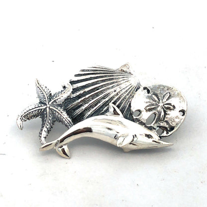 Estate 925 Sterling Silver Ocean Sea Dolphin Starfish Shell Beach Pendant
