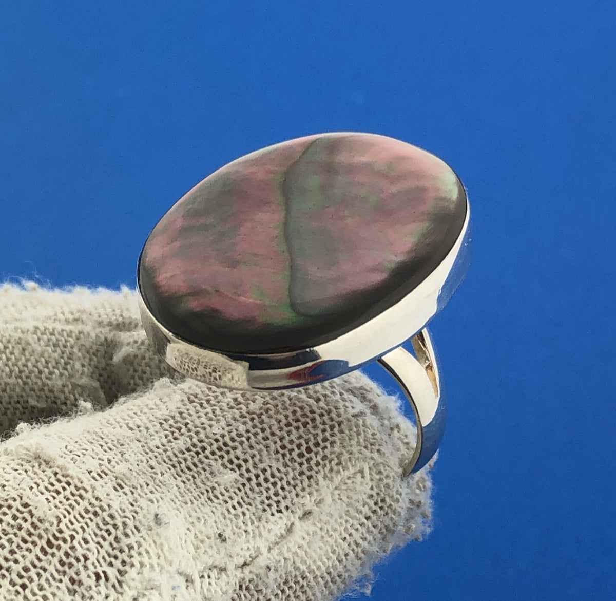Designer LS Sterling Silver 925 Abalone Modernist Statement Cocktail Ring