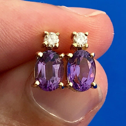 Classic 14K Yellow Gold Oval Amethyst Diamond Stud Earrings