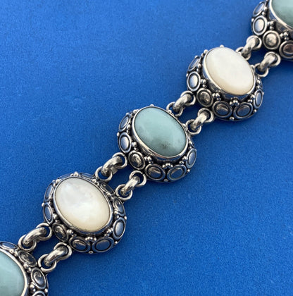 BA Suarti 925 Sterling Silver Aventurine Mother Of Pearl Cabochon Panel Bracelet