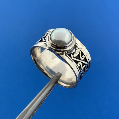 Designer 925 Sterling Silver Pearl Fleur De Lis Scroll Cigar Band Ring