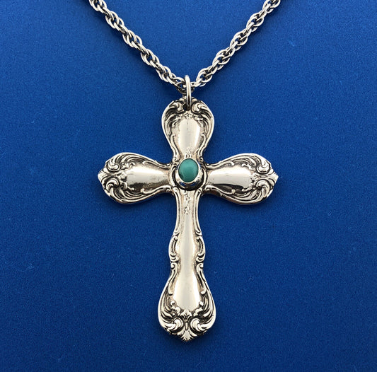 Vintage 925 Towle Old Master Turquoise Cross Religious Easter Statement Necklace