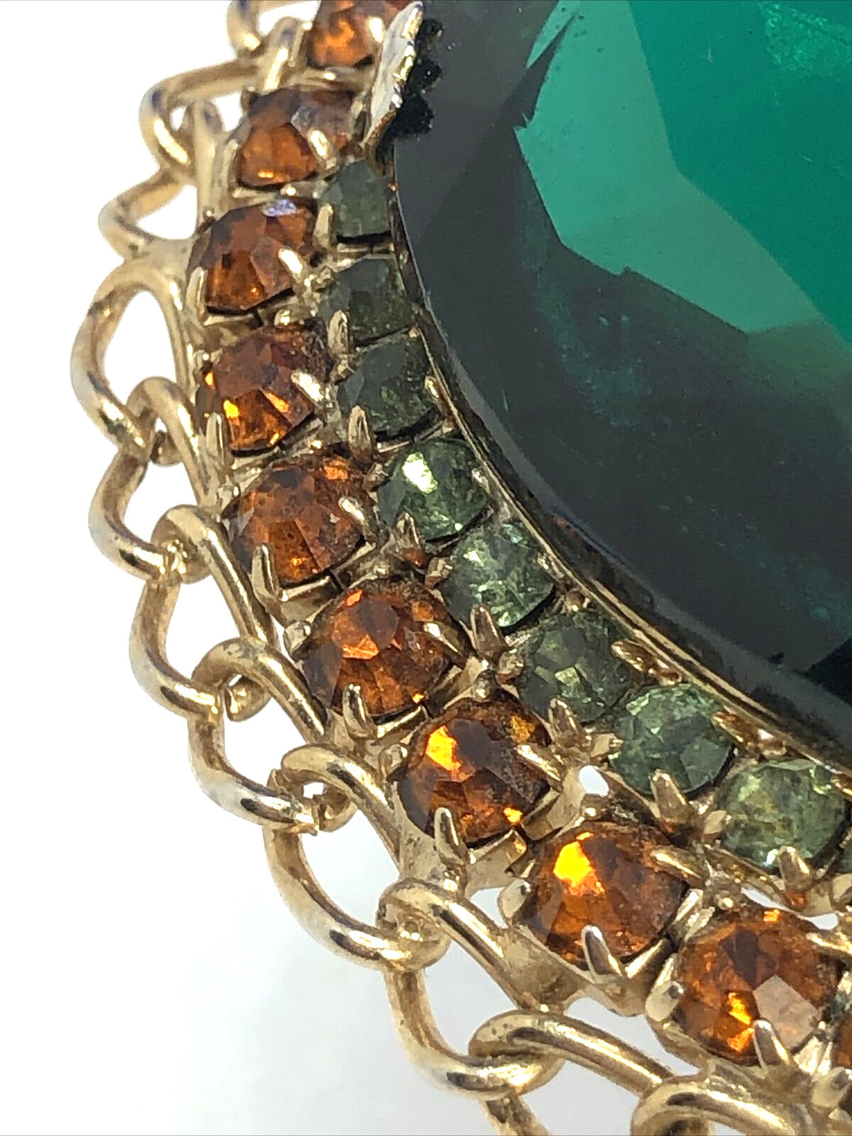 Vintage Gold-Tone Green & Orange Rhinestone Statement Clip Earrings Brooch Set