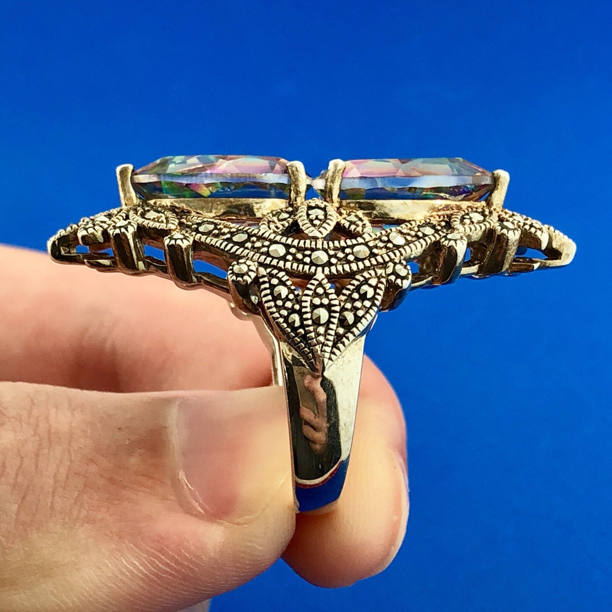 Designer BBJ Sterling Silver 925 Mystic Topaz Marcasite Statement Finger Ring