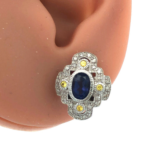 Designer 10K White Gold Oval Tanzanite Yellow Topaz Diamond Stud Earrings