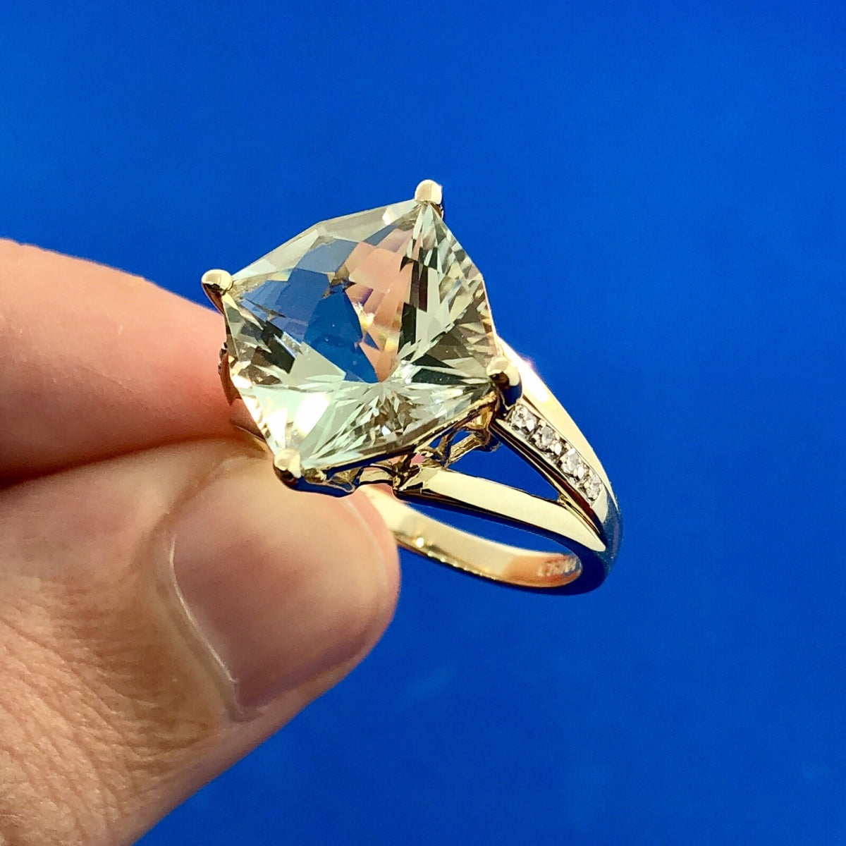 Designer 14K Yellow Gold Green Amethyst Prasiolite Diamond Accent Statement Ring