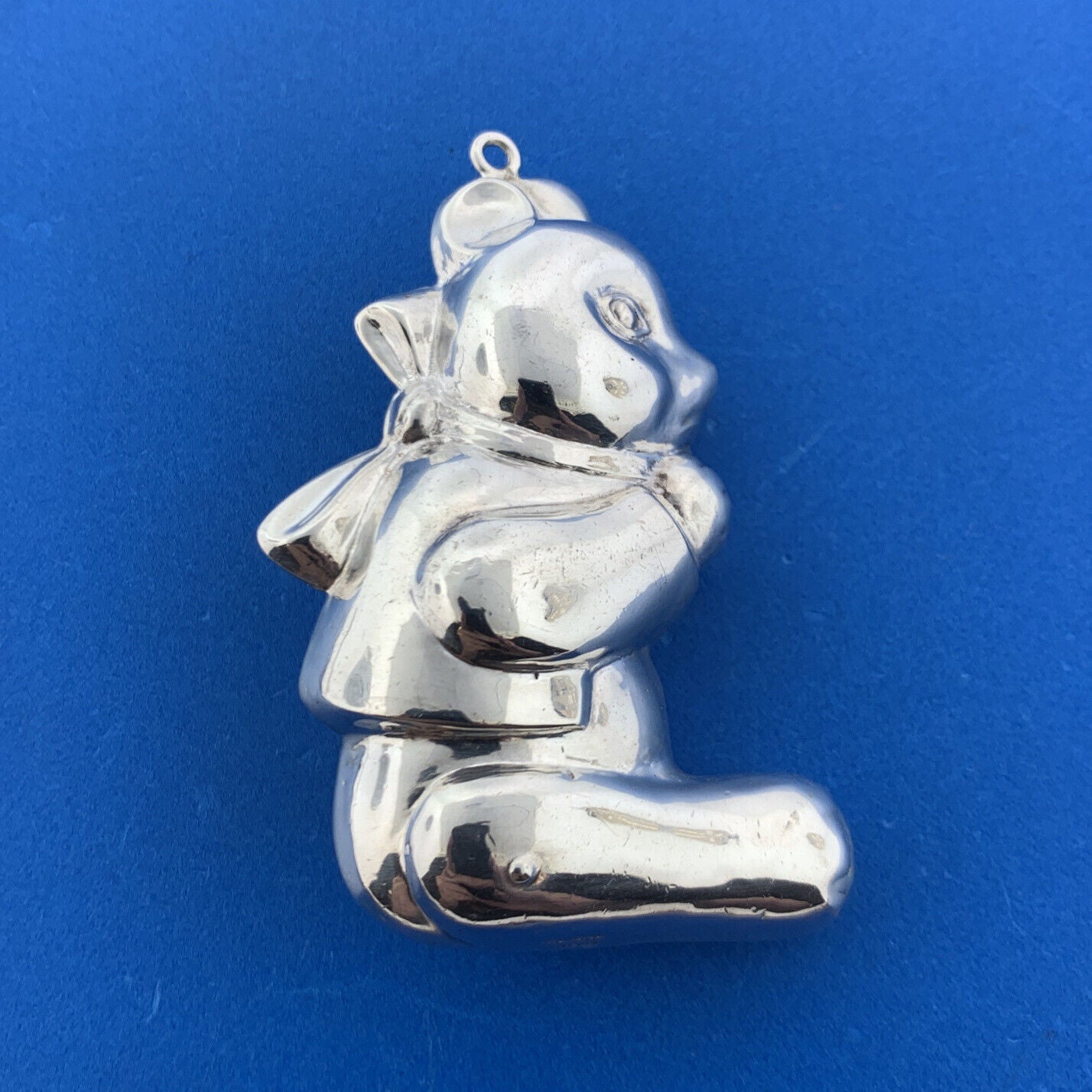 Puffy Sterling Silver 925 Teddy Bear Ribbon Animal Holiday Ornament