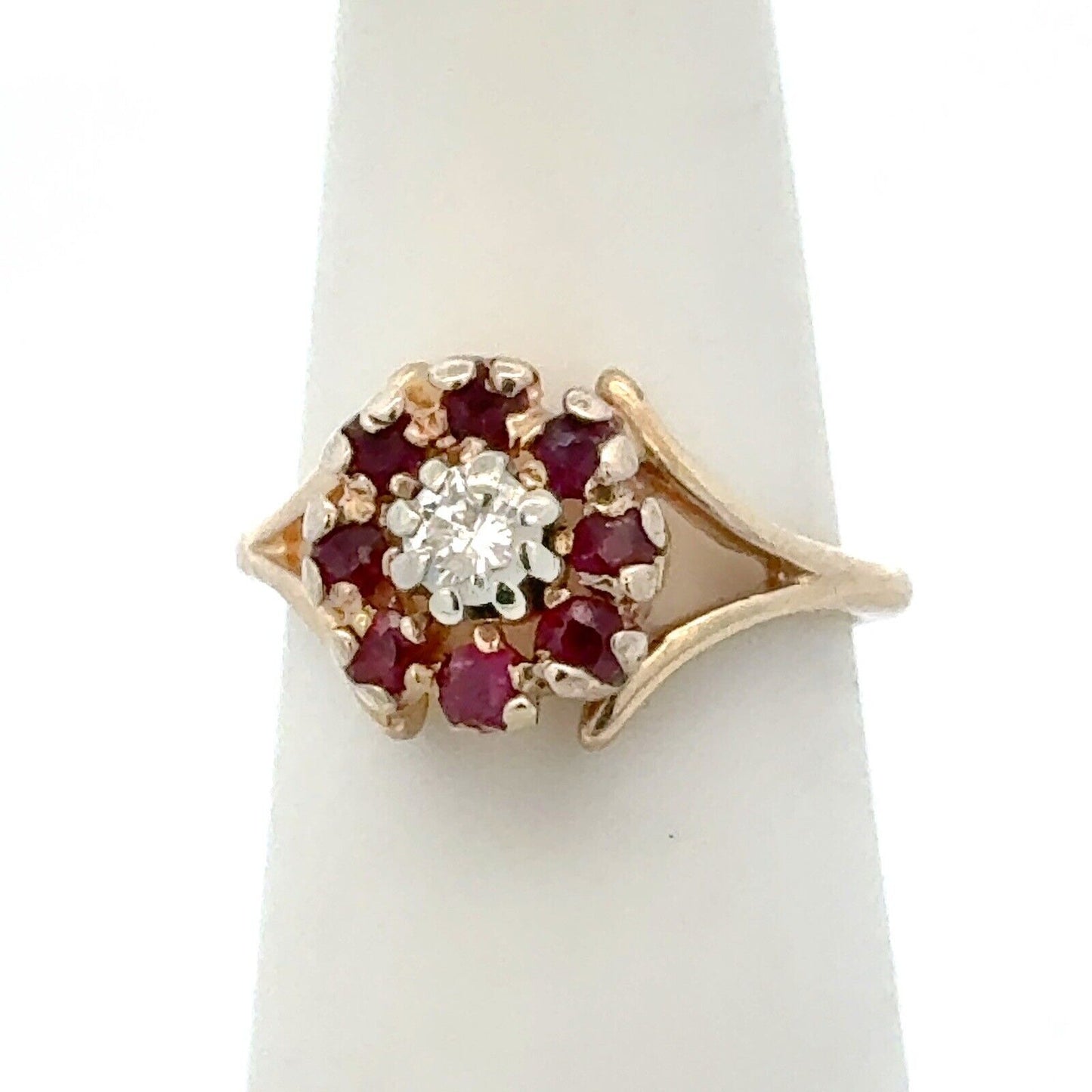 Designer 14K Yellow Gold Diamond Ruby Floral Flower Cocktail Ring