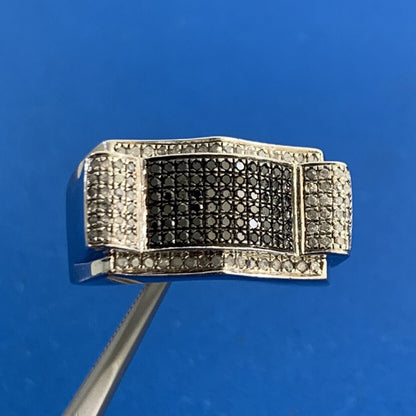 Designer 925 Sterling Silver Black White Pave Diamond Unisex Modernist Dome Ring