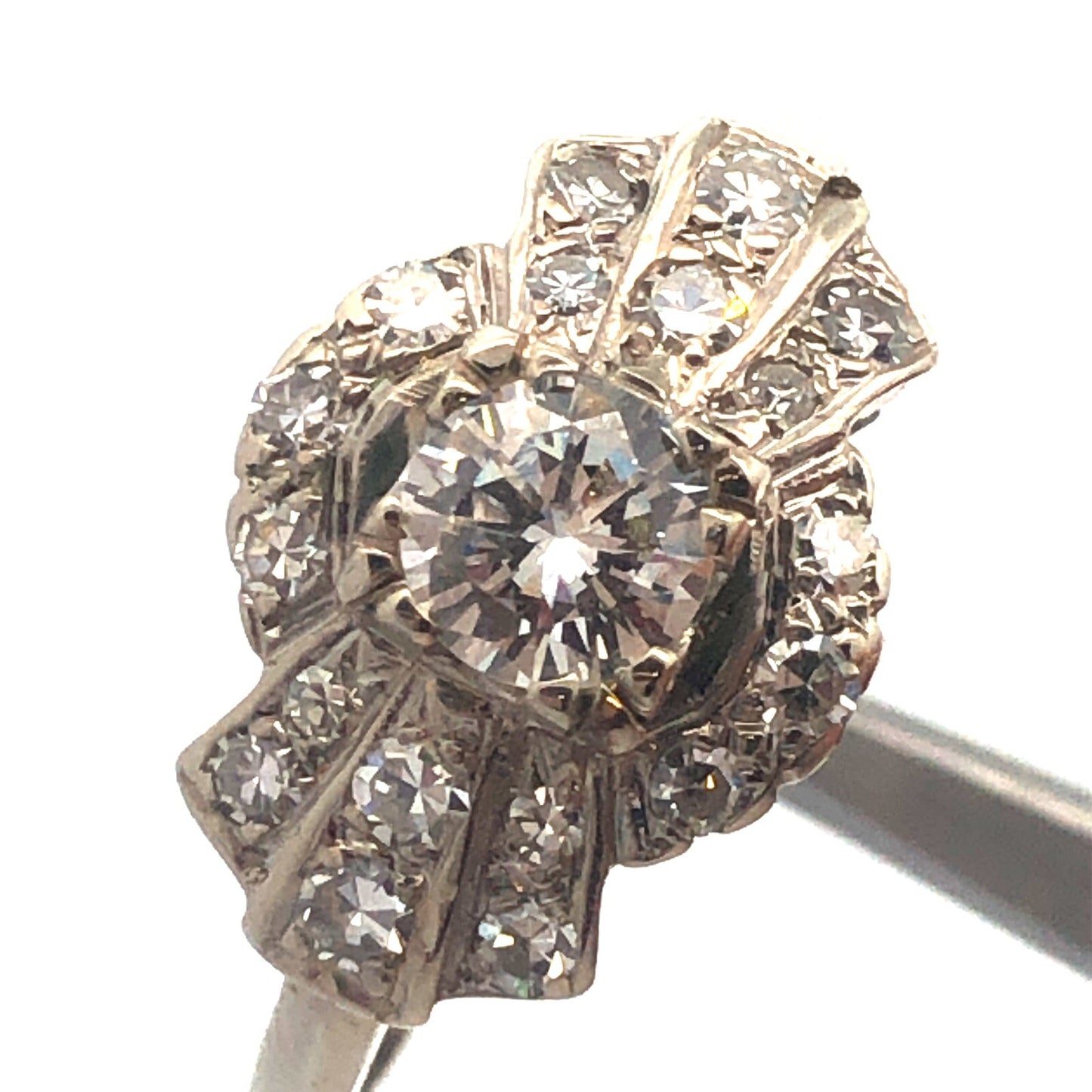 Art Deco 14K White Gold Diamond Solitaire with Accents Wedding Engagement Ring
