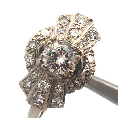 Art Deco 14K White Gold Diamond Solitaire with Accents Wedding Engagement Ring