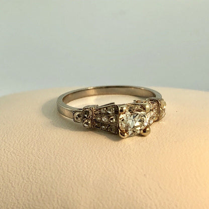 Art Deco Platinum European Mine Cut Diamond Solitaire W/Accents Engagement Ring