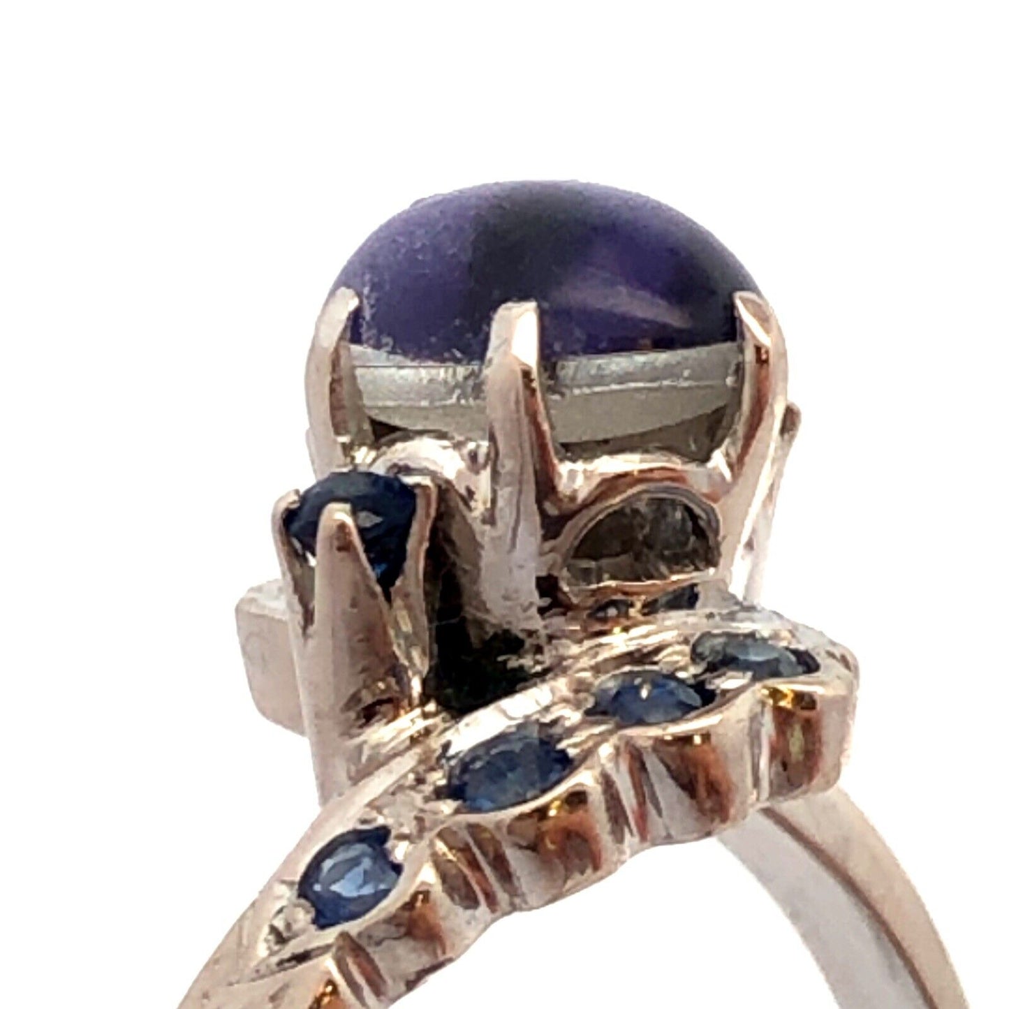 Estate 18K White Gold Oval Amethyst Cabochon Sapphire Accents Solitaire Ring