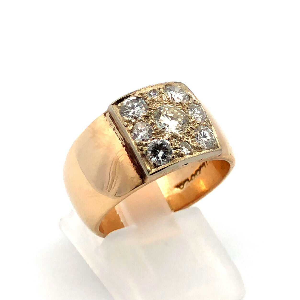 Designer 14K Yellow Gold Round Diamond Cluster Wide Cigar Band Statement Ring