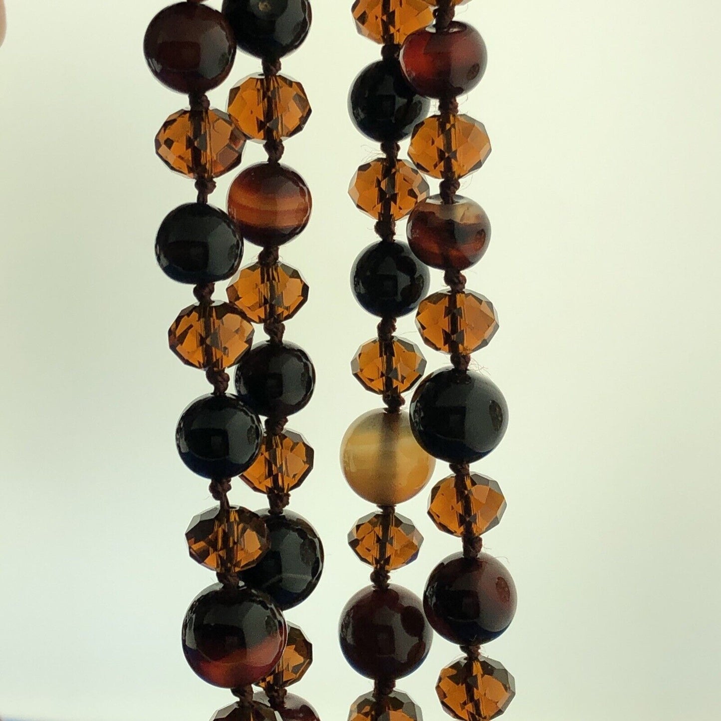 Vintage Designer Hand Knotted Carnelian Obsidian Agate Beaded 3 Tier Necklace