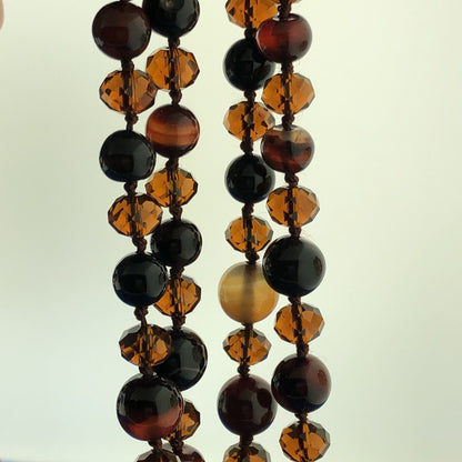 Vintage Designer Hand Knotted Carnelian Obsidian Agate Beaded 3 Tier Necklace