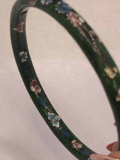 Vintage Cloisonne Green Enamel Floral Bangle Stackable Bracelet Set