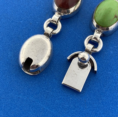 Vintage Mexico Sterling Silver Mixed Gemstone Oval Cabochon Statement Bracelet