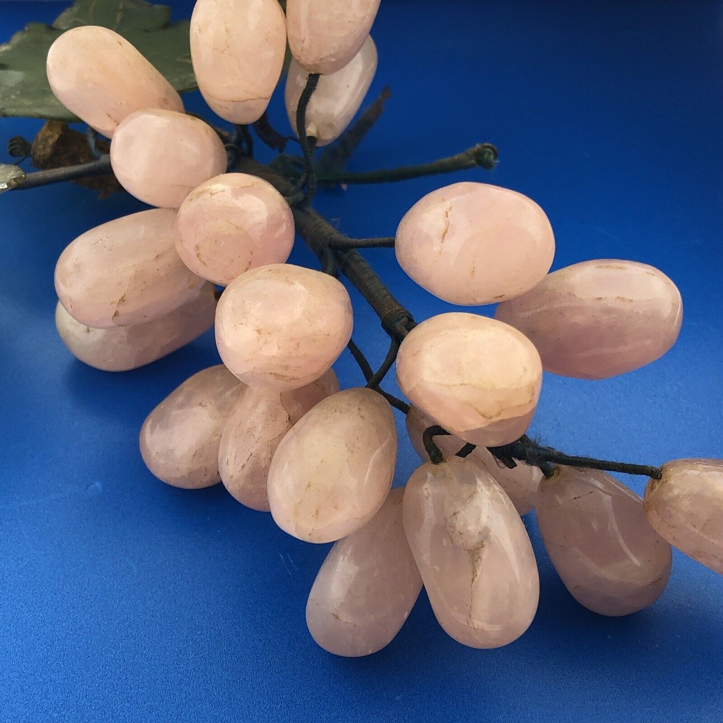 Mid Century Rose Quartz Grape Cluster Hand Carved Jade Leaves Decorative