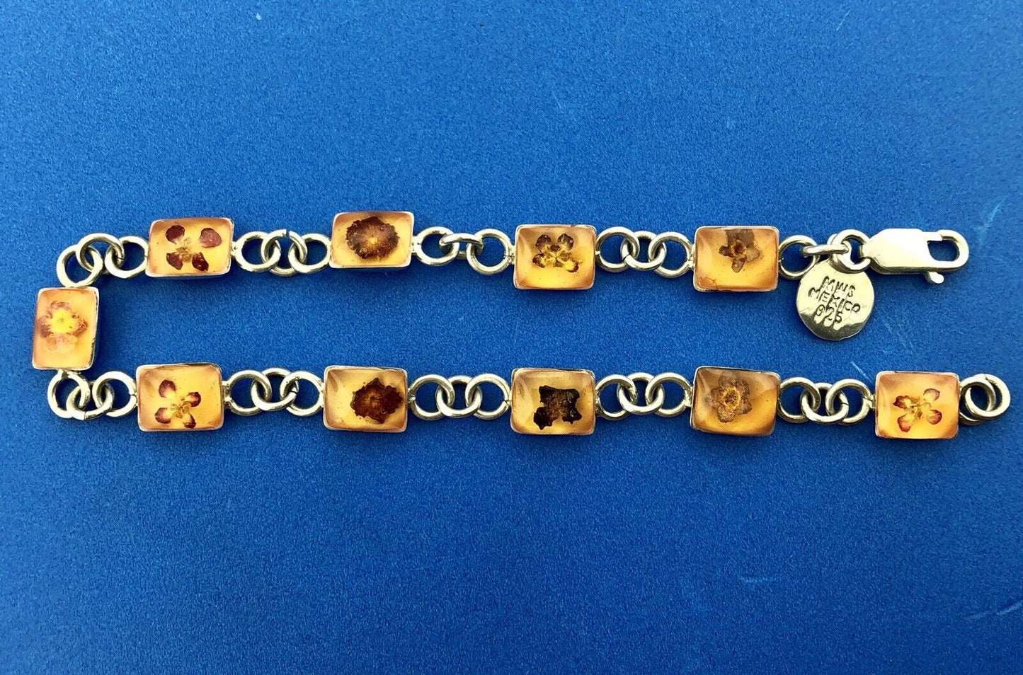 Vintage MWS Taxco Sterling Silver 925 Amber Encased Flower Bud Panel Bracelet