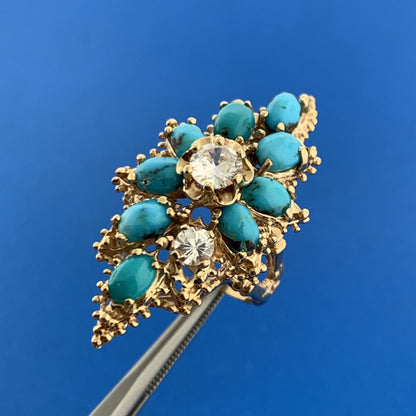 14K Yellow Gold Turquoise White Quartz Cluster Free Form Statement Cocktail Ring