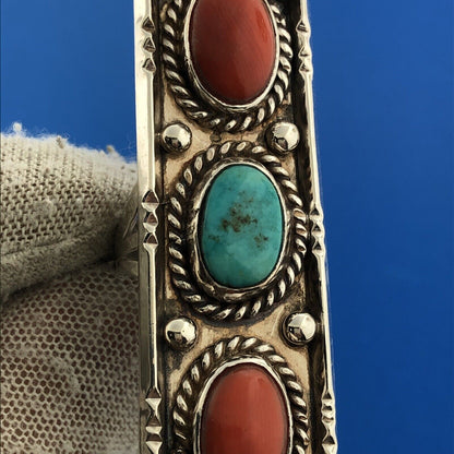 Native American Artisan Sterling Silver Coral Turquoise Rectangle Statement Ring