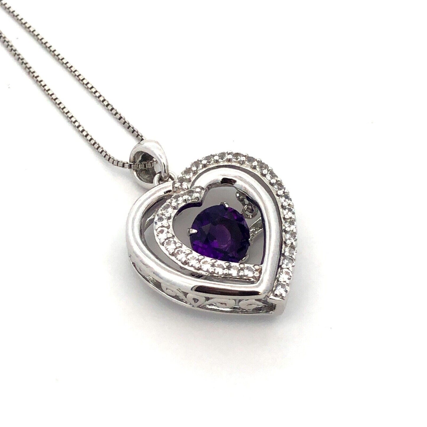 Designer  925 Sterling Silver Round Amethyst White Topaz Heart Pendant Necklace