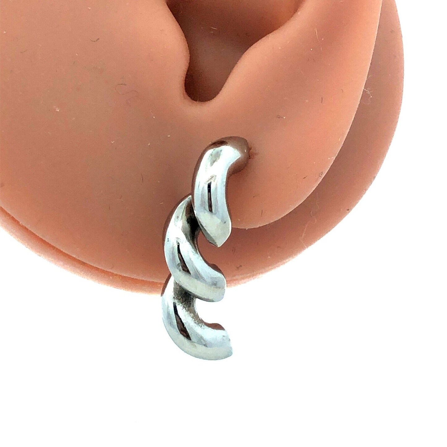 Estate Rhodium Plated Silver Tone Macaroni Link Chain Dangle Stud Earrings