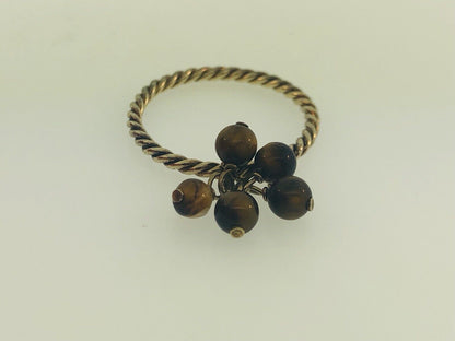 Vintage Sterling Silver 925 Brown Tigers Eye Bead Ball Dangle Cocktail Ring
