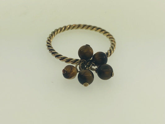 Vintage Sterling Silver 925 Brown Tigers Eye Bead Ball Dangle Cocktail Ring