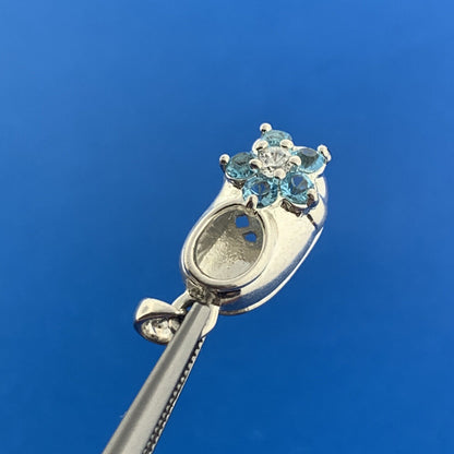 Silver Toned Round Blue White Sparkling CZ Child's Floral Shoe Dangle Pendant