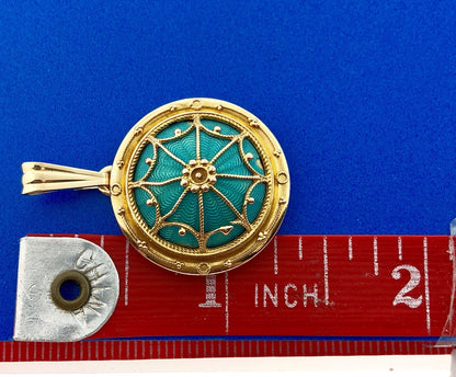 Art Nouveau Art Deco 14K Yellow Gold Aqua Turquoise Guilloche Enamel Pendant
