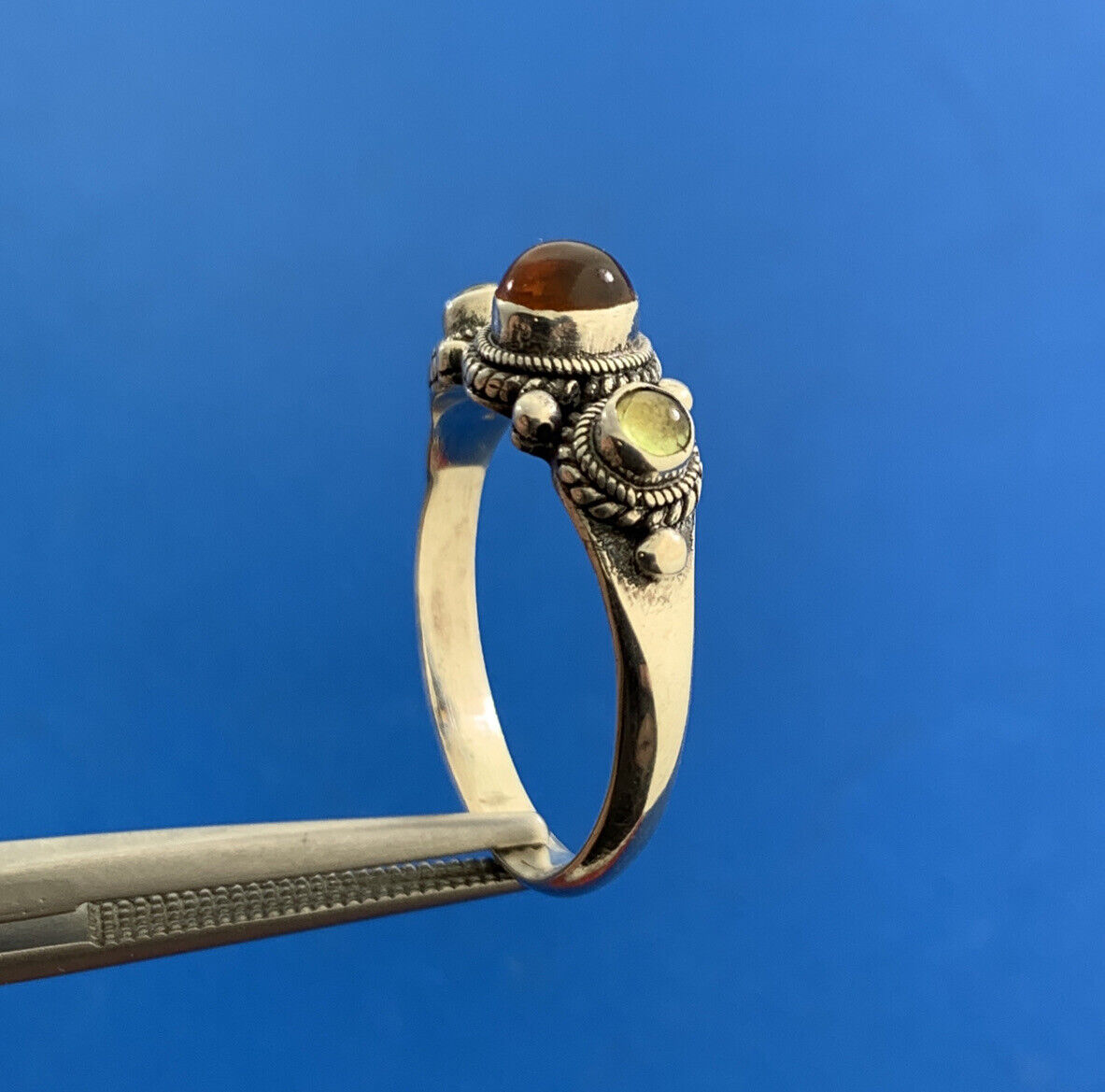 Estate 925 Sterling Silver Amber Peridot Accented Balinese Style Size 8 Ring